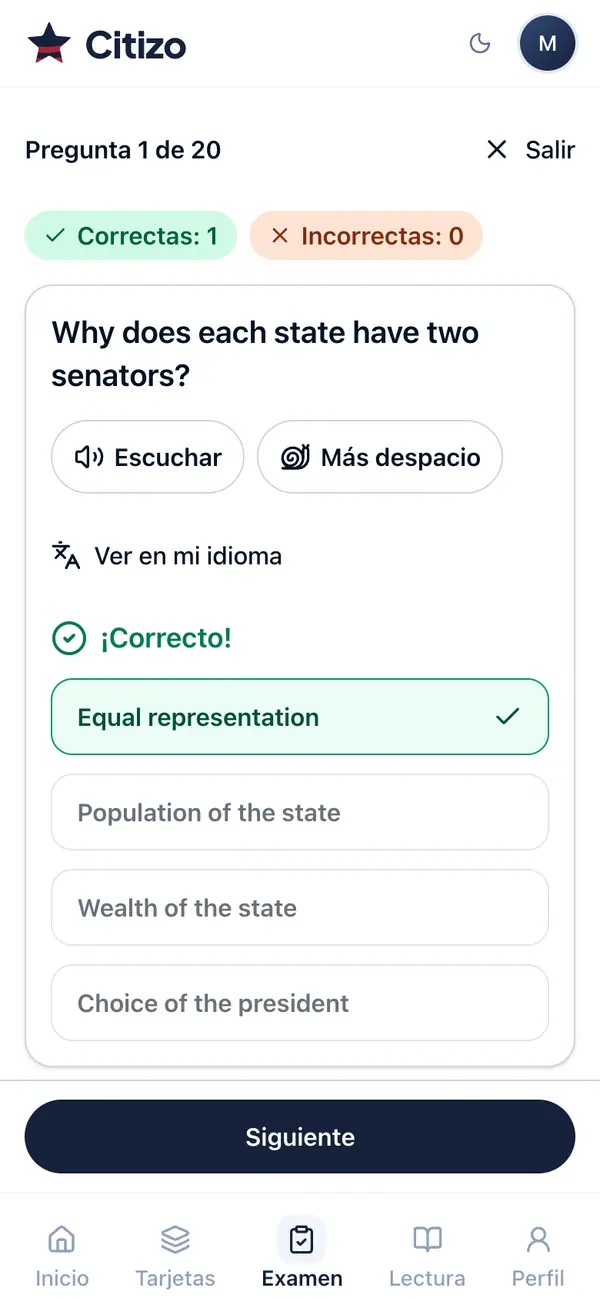 Simulacro de opción múltiple con la respuesta correcta marcada