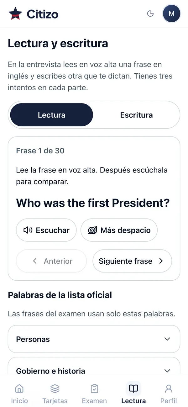 Práctica de lectura en voz alta con una frase en inglés y su audio