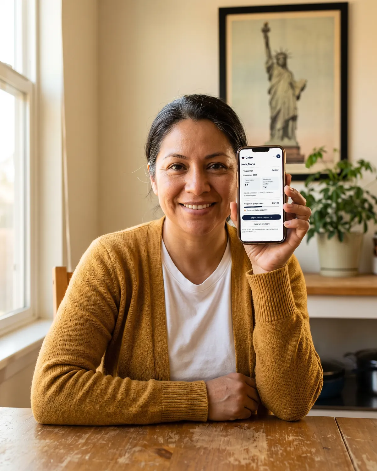 Pantalla de inicio de la app: tu examen, las preguntas que ya sabes y tu racha